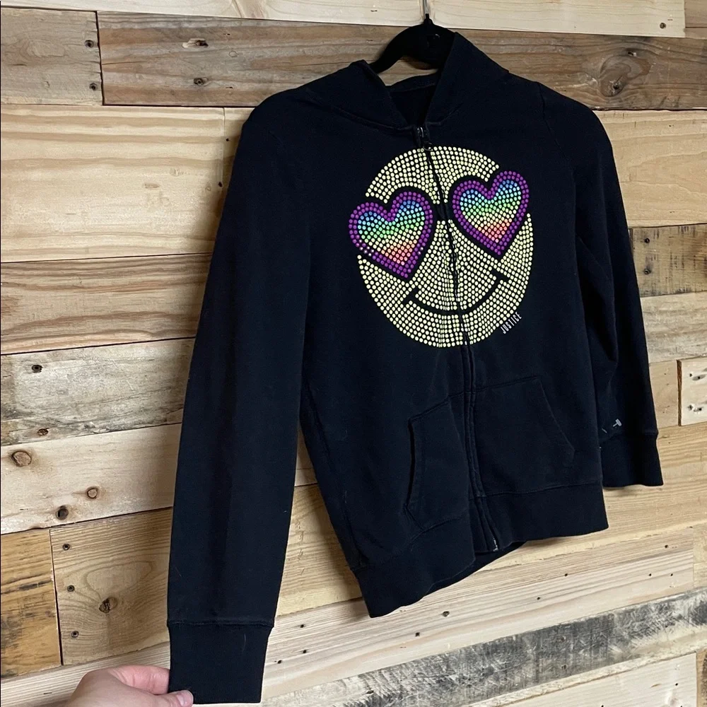 Justice size 10 Black Zip-Up Lightweight Hoodie with Colorful Smiley Face